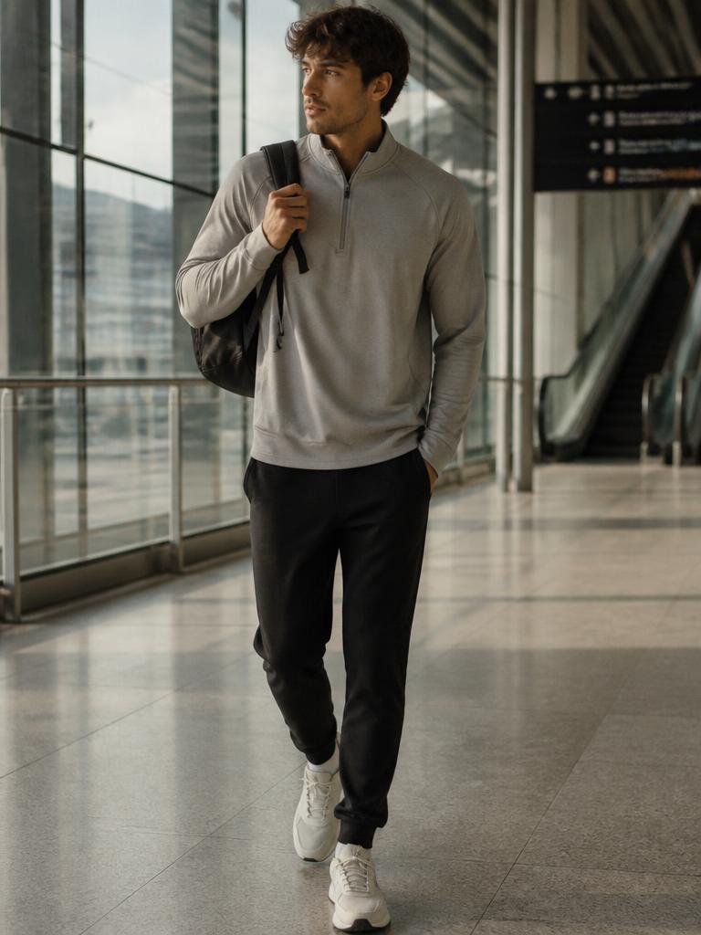 Model walking through a glass transit hall in a cool grey quarter-zip and black joggers